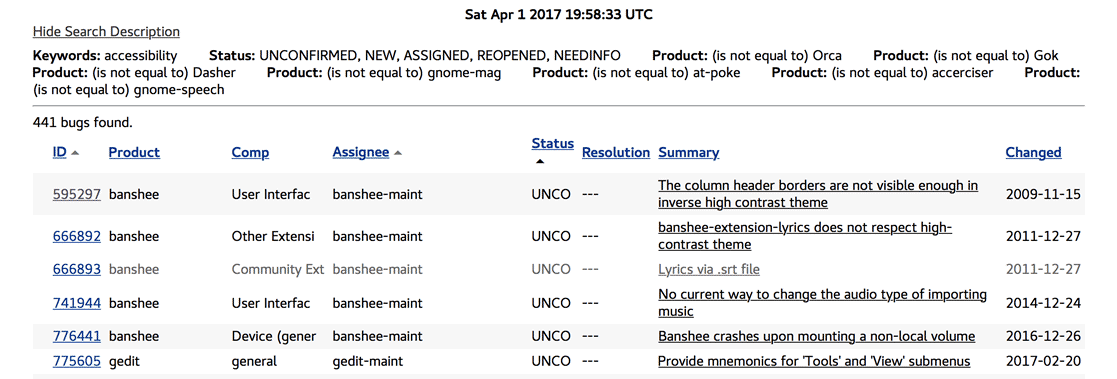Bugzilla report screen capture from link: GNOME Accessibility Bugs